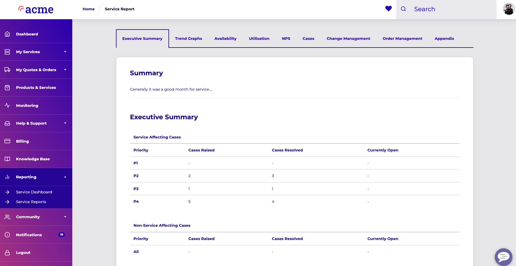 ACME Portal service report